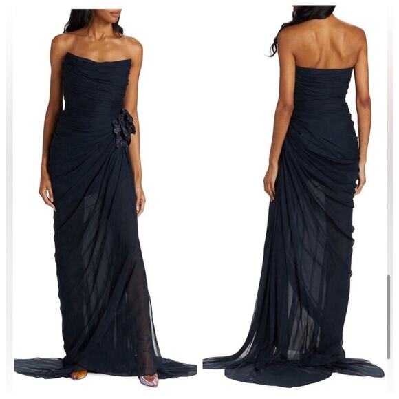 Oscar de la Renta Strapless Floral Appliqué Gown Navy Long Maxi Dress Crystal - Picture 5 of 13